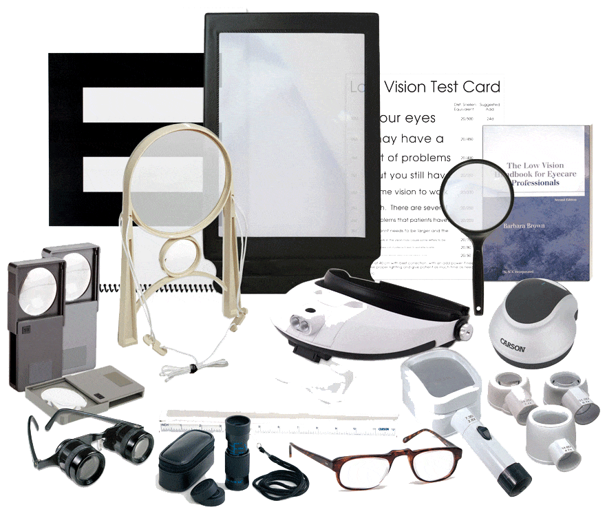 Displays the variety of low vision products